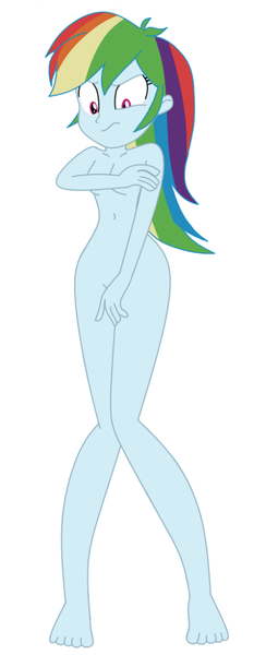 Size: 472x1213 | Tagged: suggestive, artist:arcroyale, derpibooru import, rainbow dash, equestria girls, barefoot, breasts, covering, embarrassed, embarrassed nude exposure, feet, female, g4, image, naked rarity, nudity, png, show accurate, show accurate porn, simple background, white background