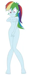 Size: 472x1213 | Tagged: suggestive, artist:arcroyale, derpibooru import, rainbow dash, equestria girls, barefoot, breasts, covering, embarrassed, embarrassed nude exposure, feet, female, g4, image, naked rarity, nudity, png, show accurate, show accurate porn, simple background, white background