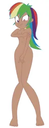 Size: 472x1213 | Tagged: suggestive, alternate version, artist:arcroyale, derpibooru import, rainbow dash, human, equestria girls, barefoot, breasts, covering, dark skin, embarrassed, embarrassed nude exposure, feet, female, g4, human coloration, image, naked rarity, nudity, png, show accurate, show accurate porn, simple background, white background