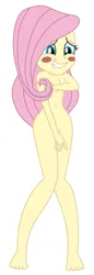 Size: 421x1222 | Tagged: suggestive, artist:arcroyale, derpibooru import, fluttershy, equestria girls, barefoot, blush sticker, blushing, breasts, covering, embarrassed, embarrassed nude exposure, feet, female, g4, image, naked rarity, nudity, png, show accurate, show accurate porn, simple background, smiling, white background