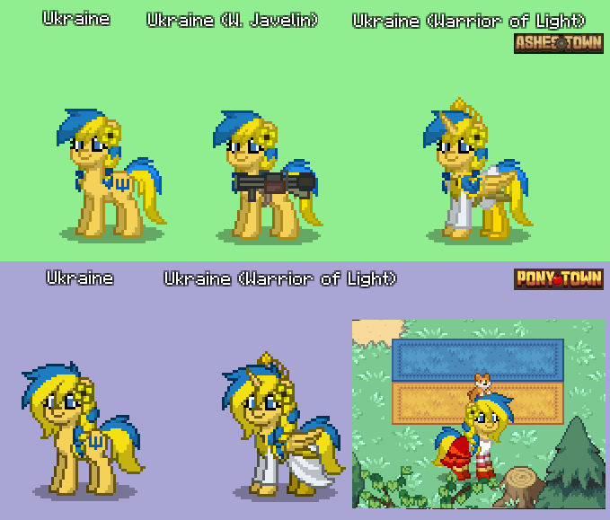 Size: 679x579 | Tagged: safe, derpibooru import, oc, oc:ukraine, ponified, alicorn, earth pony, pony, pony town, alicornified, ashes town, clothes, female, flag, game screencap, image, missile launcher, nation ponies, png, race swap, ukraine