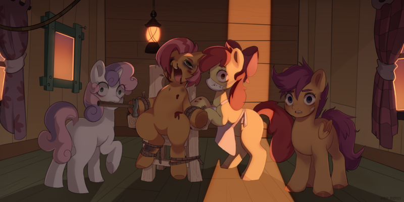 Size: 6000x3000 | Tagged: grimdark, artist:mraiden8, derpibooru import, apple bloom, babs seed, scootaloo, sweetie belle, earth pony, pegasus, pony, unicorn, apple bloom's bow, apron, bandaid, black eye, blank flank, blood, bondage, bow, bruised, chair, clothes, cutie mark crusaders, face mask, female, filly, foal, hair bow, hammer, image, mask, mouth hold, nosebleed, open mouth, png, raised hoof, rope, rope bondage, surgical mask, tongue out, torture, treehouse, unsexy bondage