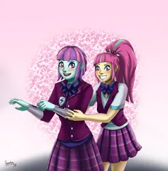 Size: 4132x4191 | Tagged: safe, artist:gexen-n8, derpibooru import, sour sweet, sunny flare, equestria girls, blushing, clothes, crystal prep academy uniform, duo, duo female, eyeshadow, female, g4, grin, image, makeup, open mouth, png, school uniform, shirt, skirt, smiling