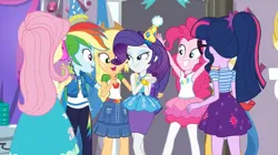 Size: 997x560 | Tagged: safe, derpibooru import, applejack, fluttershy, opalescence, pinkie pie, rainbow dash, rarity, sci-twi, spike, spike the regular dog, sunset shimmer, twilight sparkle, cat, dog, human, equestria girls, equestria girls series, fomo, spoiler:eqg series (season 2), birthday, birthday party, female, hat, humane five, humane seven, humane six, image, party, party hat, png