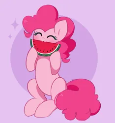 Size: 3813x4066 | Tagged: safe, artist:kittyrosie, derpibooru import, pinkie pie, earth pony, pony, ^^, cute, diapinkes, eyes closed, food, g4, image, png, purple background, simple background, watermelon
