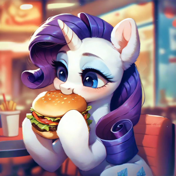 Size: 4096x4096 | Tagged: safe, ai content, derpibooru import, machine learning assisted, machine learning generated, stable diffusion, rarity, pony, unicorn, beautiful, blue eyes, blushing, burger, cute, delicious, detailed, detailed hair, ear fluff, eating, eyeshadow, fluffy, food, g4, generator:purplesmart.ai, happy, image, makeup, meat, nom, png, ponies eating meat, prompter:saltyvity, purple hair, restaurant, solo