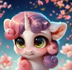 Size: 925x905 | Tagged: safe, ai content, derpibooru import, machine learning assisted, machine learning generated, stable diffusion, sweetie belle, pony, unicorn, beautiful, big eyes, blushing, cherry blossoms, cute, cute face, detailed, detailed hair, ear fluff, flower, flower blossom, fluffy, g4, generator:purplesmart.ai, green eyes, image, looking at you, pink mane, png, prompter:saltyvity, purple mane, sakura con, shy, sky, smiling, smiling at you, solo, sparkles