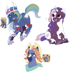 Size: 2547x2620 | Tagged: safe, artist:aztrial, derpibooru import, idw, violette rainbow, earth pony, pegasus, pony, unicorn, g5, spoiler:comic, spoiler:g5comic, cowboy hat, hat, helmet, image, png, roller skates, rollerblades, simple background, skates, tracy tailspin, white background