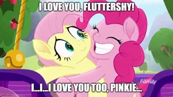 Size: 888x499 | Tagged: artist needed, safe, anonymous artist, derpibooru import, edit, edited screencap, screencap, fluttershy, pinkie pie, earth pony, pegasus, pony, rainbow roadtrip, ^^, cute, cuteness overload, daaaaaaaaaaaw, diapinkes, duo, eyes closed, female, grin, hug, i love you, image, jpeg, lesbian, mare, meme, ship:flutterpie, shipping, shyabetes, smiling