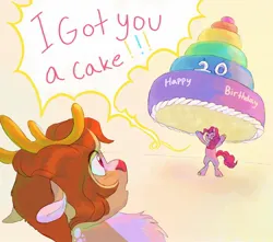 Size: 1700x1500 | Tagged: safe, artist:abbytabbys, derpibooru import, pinkie pie, oc, oc:fancy festivity, deer, earth pony, hybrid, pony, reindeer, bipedal, birthday, birthday cake, cake, colored hooves, colored horns, colored pinnae, curly mane, curly tail, dialogue, duo, eye clipping through hair, eyes closed, female, floppy ears, food, g4, holding, hoof hold, hooves, hybrid oc, image, jpeg, mare, multicolored hooves, open mouth, pink coat, pink mane, pink tail, pinkie being pinkie, ponysona, red eyes, red nose, screaming, smiling, surprised, tail, talking, text, unshorn fetlocks
