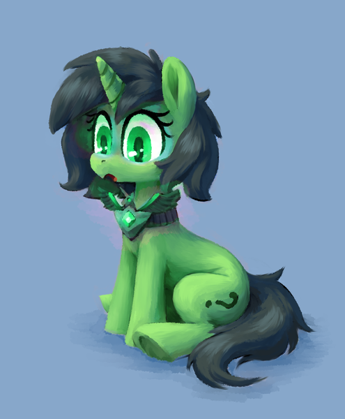 Size: 1484x1800 | Tagged: safe, artist:impamy, edit, oc, oc:anonfilly, pony, unicorn, alicorn amulet, blue background, female, filly, full body, green eyes, horn, image, png, simple background, sitting, solo