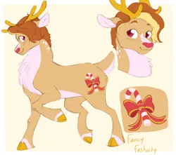 Size: 1700x1500 | Tagged: safe, artist:abbytabbys, derpibooru import, oc, oc:fancy festivity, unofficial characters only, deer, hybrid, pony, reindeer, brown coat, brown hair, chest fluff, cloven hooves, colored eyes, colored fetlocks, colored hooves, colored horns, duality, hybrid oc, image, pale belly, passepartout, png, red eyes, red nose, reference sheet, simple background, solo, two toned hair, yellow background