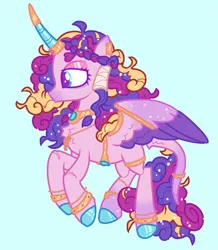 Size: 1537x1761 | Tagged: safe, artist:tottallytoby, derpibooru import, princess cadance, alicorn, pony, alternate color palette, alternate design, alternate hairstyle, alternate tailstyle, bags under eyes, bangles, blue background, blue eyes, bracelet, braid, coat markings, colored eartips, colored hooves, colored horn, colored muzzle, colored wings, colored wingtips, curly mane, curly tail, curved horn, ear piercing, earring, eyeshadow, female, g4, horn, horn jewelry, image, jewelry, leonine tail, lidded eyes, makeup, mare, multicolored mane, multicolored tail, multicolored wings, necklace, piercing, png, purple mane, purple tail, redesign, shiny hoof, simple background, smiling, solo, sparkly mane, sparkly tail, sparkly wings, spread wings, tail, tail jewelry, wings
