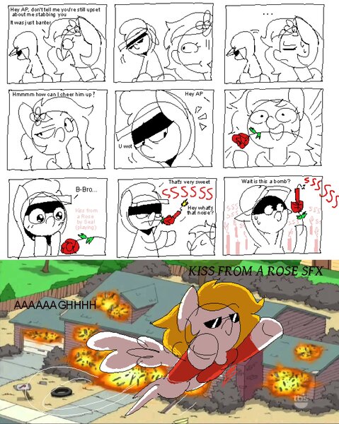 Size: 3272x4096 | Tagged: safe, derpibooru import, oc, oc:ap, oc:fox, unofficial characters only, earth pony, pegasus, pony, comic, explosion, family guy, flower, image, jpeg, rose, simple background, sketch, text, white background