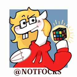 Size: 1440x1440 | Tagged: safe, artist:falloutfurret, derpibooru import, oc, oc:fox, unofficial characters only, pegasus, pony, clothes, hoodie, image, jpeg, nerd, rubik's cube, simple background, text