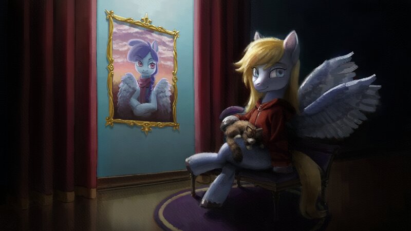 Size: 4096x2304 | Tagged: safe, artist:gummylovesart, derpibooru import, oc, oc:fox, oc:gummy, unofficial characters only, cat, pegasus, pony, detailed background, image, jpeg, painting, sitting, spread wings, wings