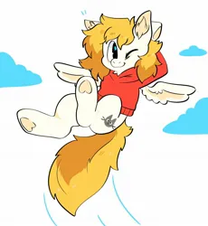 Size: 1888x2048 | Tagged: safe, artist:spookyfoxinc, derpibooru import, oc, oc:fox, unofficial characters only, pegasus, pony, birthday gift, clothes, cute, flying, hoodie, image, jpeg, looking at you, sky, spread wings, wings