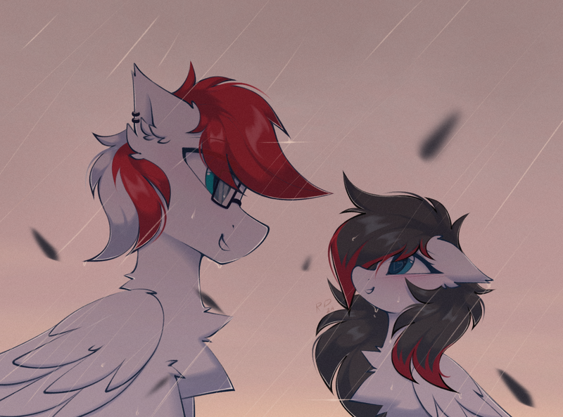 Size: 1350x1000 | Tagged: safe, artist:rieyadraws, derpibooru import, oc, oc:driftbeat, oc:jet blast, pegasus, pony, blushing, chest fluff, cute, ear fluff, female, floppy ears, glasses, gray mane, image, leaves, looking at each other, looking at someone, male, photo, png, rain, red mane, shipping, smiling, smiling at each other, straight, two toned mane, white fur