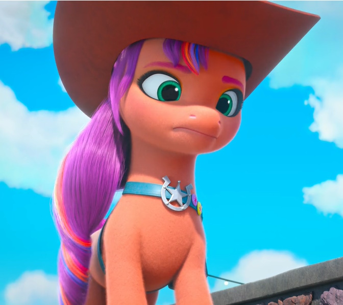 Size: 672x596 | Tagged: safe, derpibooru import, screencap, sunny starscout, earth pony, pony, g5, my little pony: make your mark, my little pony: make your mark chapter 2, cowboy hat, female, hat, image, jpeg, mare, sheriff sunny, sheriff's badge, solo, the cutie mark mix-up