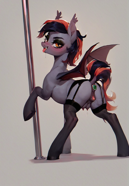 Size: 1064x1536 | Tagged: explicit, ai content, derpibooru import, machine learning generated, prompter:radioglitch, stable diffusion, bat pony, pony, anal insertion, anus, bipedal, blushing, butt, buttplug, clothes, crotchboobs, dock, drool, fangs, female, garter belt, generator:pony diffusion v6 xl, image, insertion, jeweled buttplug, jewelry, mare, nipples, nudity, plot, png, sex toy, socks, solo, stockings, stripper pole, tail, teats, thigh highs, tongue out, vulva