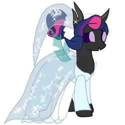 Size: 1594x1594 | Tagged: safe, artist:arkogon, derpibooru import, twilight sparkle, changeling, alternate hairstyle, bride, changelingified, clothes, dress, female, image, png, smiling, solo, solo female, species swap, thumbelina, vector, wedding dress, wedding veil