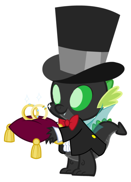 Size: 1644x2293 | Tagged: safe, artist:arkogon, derpibooru import, spike, changeling, changeling dragon, changelingified, clothes, hat, image, jewelry, male, png, ring, ring bearer, smiling, solo, sparkles, species swap, suit, top hat, vector, wedding ring