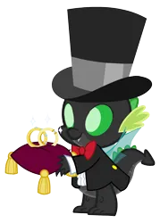 Size: 1644x2293 | Tagged: safe, artist:arkogon, derpibooru import, spike, changeling, changeling dragon, changelingified, clothes, hat, image, jewelry, male, png, ring, ring bearer, smiling, solo, sparkles, species swap, suit, top hat, vector, wedding ring