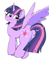 Size: 1547x2048 | Tagged: safe, artist:leo19969525, derpibooru import, twilight sparkle, twilight sparkle (alicorn), alicorn, pony, blushing, butt, female, g4, image, jpeg, looking back, mare, plot, simple background, smiling, solo, spread wings, twibutt, white background, wings