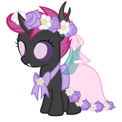 Size: 1280x1281 | Tagged: safe, artist:arkogon, derpibooru import, scootaloo, changeling, changelingified, clothes, dress, female, floral head wreath, flower, flower girl, flower girl dress, image, png, smiling, solo, solo female, species swap, spread wings, vector, wings