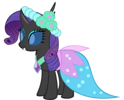 Size: 1280x1035 | Tagged: safe, artist:arkogon, derpibooru import, rarity, changeling, bridesmaid, bridesmaid dress, bridesmaid rarity, changelingified, clothes, dress, eyeshadow, female, image, makeup, png, smiling, solo, solo female, species swap, vector