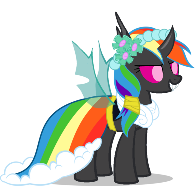 Size: 731x700 | Tagged: safe, artist:arkogon, derpibooru import, rainbow dash, changeling, bridesmaid, bridesmaid dash, bridesmaid dress, changelingified, clothes, dress, female, grin, image, png, rainbow dash always dresses in style, smiling, smirk, solo, solo female, species swap, spread wings, vector, wings