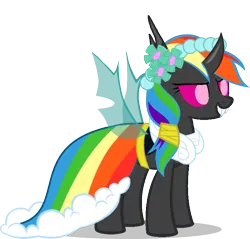 Size: 731x700 | Tagged: safe, artist:arkogon, derpibooru import, rainbow dash, changeling, bridesmaid, bridesmaid dash, bridesmaid dress, changelingified, clothes, dress, female, grin, image, png, rainbow dash always dresses in style, smiling, smirk, solo, solo female, species swap, spread wings, vector, wings