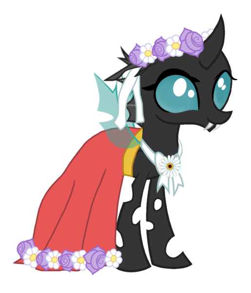 Size: 1200x1399 | Tagged: safe, artist:arkogon, derpibooru import, ocellus, changeling, clothes, dress, female, floral head wreath, flower, flower girl, flower girl dress, image, png, smiling, solo, solo female, spread wings, vector, wings
