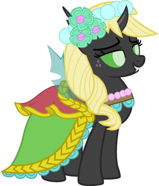Size: 1580x1846 | Tagged: safe, artist:arkogon, derpibooru import, applejack, changeling, alternate hairstyle, applejack also dresses in style, bridesmaid, bridesmaid applejack, bridesmaid dress, changelingified, clothes, dress, female, freckles, grin, image, png, smiling, solo, species swap, spread wings, vector, wings