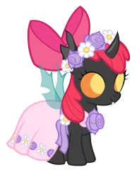 Size: 1280x1653 | Tagged: safe, artist:arkogon, derpibooru import, apple bloom, changeling, apple bloom's bow, bow, changelingified, clothes, dress, female, floral head wreath, flower, flower girl, flower girl dress, hair bow, image, png, smiling, solo, solo female, species swap, spread wings, vector, wings
