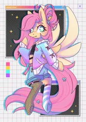 Size: 2480x3508 | Tagged: safe, artist:musicfirewind, derpibooru import, fluttershy, butterfly, insect, pegasus, pony, alternate hairstyle, belt, blushing, clothes, color palette, colored eyebrows, colored pinnae, denim, denim shorts, female, fishnet clothing, flying, g4, garter, green eyes, grid, hair accessory, hairpin, image, jacket, jeans, jpeg, mare, mismatched socks, pants, pink mane, pink tail, raised hoof, short shirt, shorts, signature, socks, solo, spread wings, striped socks, tail, tail accessory, tied hair, webcore, wings, yellow coat