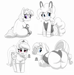 Size: 4052x4096 | Tagged: suggestive, artist:pabbley, derpibooru import, pinkie pie, rainbow dash, rarity, twilight sparkle, earth pony, pegasus, pony, unicorn, bunny ears, bunny suit, butt, clothes, dialogue, female, females only, fishnets, grayscale, image, jpeg, large butt, looking at you, looking back, monochrome, nurse, nurse outfit, open mouth, partial color, plot, rearity, simple background, smiling, socks, swimsuit, text, white background