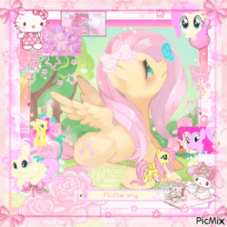 Size: 500x500 | Tagged: safe, artist:blackgryph0n, artist:bnob, artist:exibrony, derpibooru import, edit, editor:alwaysnumer27, screencap, fluttershy, pinkie pie, butterfly, earth pony, insect, pegasus, pony, the cutie mark chronicles, animated, blingee, blushing, bow, brushable, butterfly on nose, cup, desktop ponies, exploitable meme, female, flower, food, g4, gif, hair bow, headbob, heart, hello kitty, image, insect on nose, leaf, looking at something, looking up, lying down, mare, meme, my melody, name, outdoors, picmix, pixel art, ribbon, rose, spread wings, sprite, tea, teacup, teapot, text, toy, wings