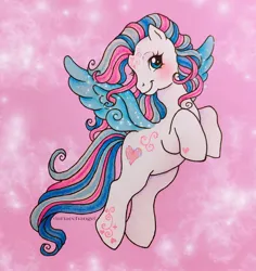 Size: 2036x2160 | Tagged: safe, artist:dariarchangel, derpibooru import, star catcher, pegasus, pony, dancing in the clouds, g3, blushing, butterfly island, cloud, colored wings, female, flying, image, jpeg, mare, multicolored hair, pink background, simple background, smiling, solo, spread wings, traditional art, wings