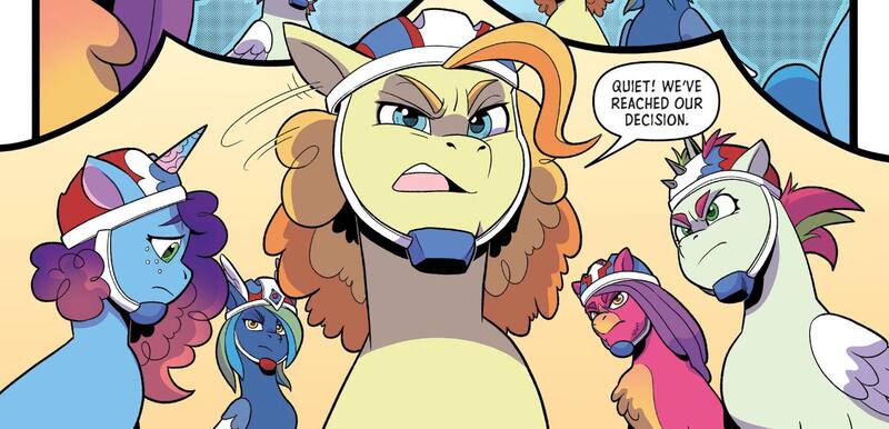 Size: 1334x643 | Tagged: safe, artist:natalie haines, derpibooru import, idw, earth pony, pegasus, pony, unicorn, g5, spoiler:comic, spoiler:g5comic, captain buck, dialogue, female, flank the tank, group, helmet, image, jpeg, male, mare, misty brightdawn, my little pony: kenbucky roller derby, quintet, rebirth misty, speech bubble, stallion, tina two bits