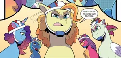 Size: 1334x643 | Tagged: safe, artist:natalie haines, derpibooru import, idw, earth pony, pegasus, pony, unicorn, g5, spoiler:comic, spoiler:g5comic, captain buck, dialogue, female, flank the tank, group, helmet, image, jpeg, male, mare, misty brightdawn, my little pony: kenbucky roller derby, quintet, rebirth misty, speech bubble, stallion, tina two bits