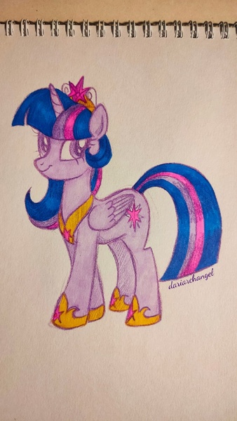 Size: 900x1600 | Tagged: safe, artist:dariarchangel, derpibooru import, twilight sparkle, twilight sparkle (alicorn), alicorn, pony, crown, element of magic, female, folded wings, g4, horn, image, jewelry, jpeg, mare, regalia, simple background, sketchbook, smiling, solo, traditional art, wings