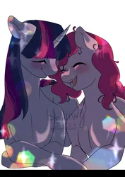 Size: 2893x4092 | Tagged: safe, artist:bbviiwg, derpibooru import, pinkie pie, twilight sparkle, earth pony, pony, unicorn, blushing, eyes closed, female, floppy ears, g4, image, lesbian, mare, open mouth, open smile, png, shipping, simple background, smiling, twinkie, unicorn twilight, white background