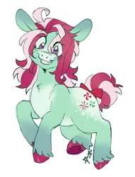Size: 1339x1750 | Tagged: safe, artist:battiegutz, derpibooru import, minty, earth pony, pony, g3, ahoge, alternate color palette, alternate design, alternate eye color, alternate mane color, alternate tail color, blushing, bow, chest fluff, coat markings, colored hooves, colored muzzle, eye clipping through hair, eyebrows, eyebrows visible through hair, female, freckles, gradient ears, hooves in air, image, mare, png, purple eyes, redesign, shiny hoof, simple background, smiling, socks (coat marking), tail, tail bow, teeth, tied tail, two toned mane, two toned tail, unshorn fetlocks, white background