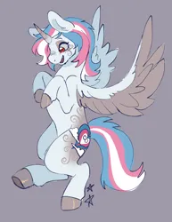 Size: 1348x1750 | Tagged: safe, artist:battiegutz, derpibooru import, star catcher, alicorn, pony, g3, alternate cutie mark, alternate design, alternate eye color, blushing, coat markings, colored hooves, colored wings, colored wingtips, eyeshadow, facial markings, female, flying, gradient horn, hooves in air, horn, image, looking down, makeup, mare, multicolored hair, multicolored tail, open mouth, open smile, png, pride, pride flag, purple background, race swap, red eyes, redesign, simple background, smiling, solo, spread wings, stars, tail, transgender pride flag, two toned wings, wings