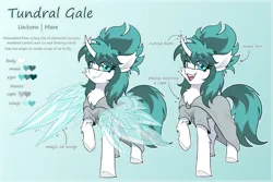 Size: 6000x4000 | Tagged: safe, artist:shad0w-galaxy, derpibooru import, oc, oc:tundral gale, unofficial characters only, pony, unicorn, absurd resolution, advertisement in description, artificial alicorn, artificial wings, augmented, cape, cheek fluff, chest fluff, cloak, clothes, colored hooves, commission, commissioner:wolvan, curved horn, ear fluff, female, fluffy, gradient background, hooves, horn, ice wings, image, looking at you, magic, magic wings, mare, open mouth, png, raised hoof, reference sheet, smiling, solo, text, wings