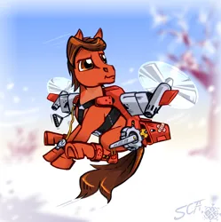 Size: 1454x1462 | Tagged: safe, artist:scarletdex8299, derpibooru import, oc, oc:redgear alloy, unofficial characters only, earth pony, pony, artificial wings, augmented, bandaid, blurry background, earth pony oc, female, flying, harness, image, jetpack, male, mechanical wing, png, propeller, saddlecopter, snow, stallion, straight, straps, tack, technology, wings, winter