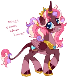 Size: 1170x1345 | Tagged: safe, artist:battiegutz, derpibooru import, edit, vector edit, princess cadance, alicorn, pony, alternate color palette, alternate design, alternate eye color, alternate hair color, alternate hairstyle, blue eyes, coat markings, colored belly, colored eartips, colored wings, colored wingtips, crown, curly mane, curly tail, eye clipping through hair, eyebrows, eyebrows visible through hair, eyelashes, facial markings, female, folded wings, g4, gradient horn, heart, heart eyes, hoof shoes, horn, horn jewelry, image, jewelry, leonine tail, looking back, mare, mealy mouth (coat marking), multicolored mane, multicolored tail, pink mane, pink tail, pink text, png, ponytail, raised hoof, redesign, regalia, shiny hoof, simple background, smiling, socks (coat marking), solo, splotches, standing, tail, text, tiara, tied hair, transparent background, twitterina design, two toned wings, vector, wingding eyes, wings