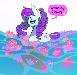 Size: 1021x993 | Tagged: safe, artist:cutesykill, derpibooru import, rarity, pony, unicorn, beanbrows, blue eyes, bubble, ear piercing, earring, eyebrows, female, flower, flowing tail, g4, horn, image, jewelry, jpeg, lidded eyes, looking down, mare, ocean, piercing, profile, purple mane, purple tail, rarity is not amused, ringlets, simple background, solo, sparkly mane, sparkly tail, swimming, tail, unamused, water, white background
