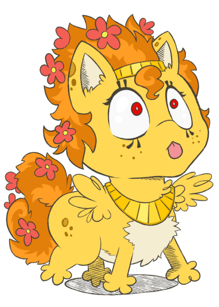 Size: 1500x2100 | Tagged: safe, artist:wispy tuft, derpibooru import, oc, oc:wispy tuft, sphinx, :p, chest fluff, eye liner, flower, flower in hair, freckles, image, jewelry, looking at you, png, scrungly, silly, solo, sphinx oc, spots, spread wings, staring into your soul, tongue out, wings